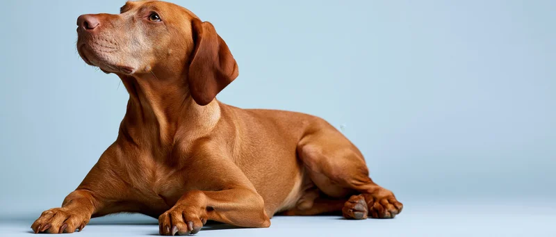 Hungarian vizsla dog lying down with front legs stretched on light blue background