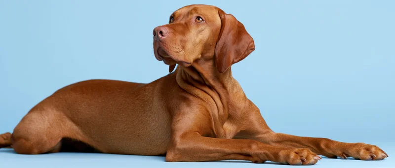 Hungarian vizsla dog lying down with front legs stretched on blue background