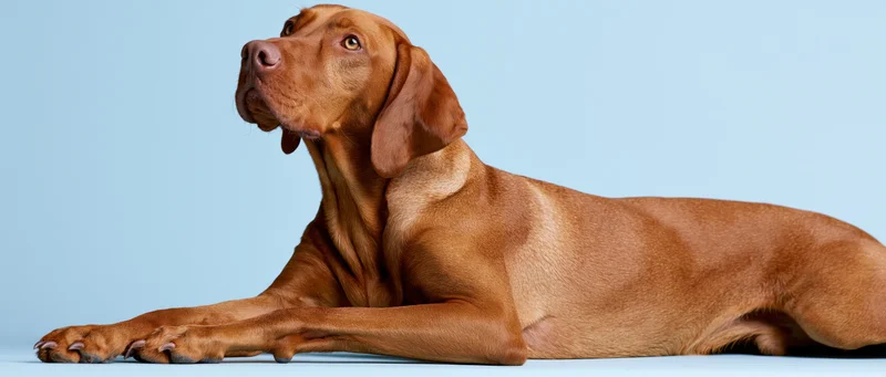 Hungarian vizsla dog lying down with front legs stretched on light blue background