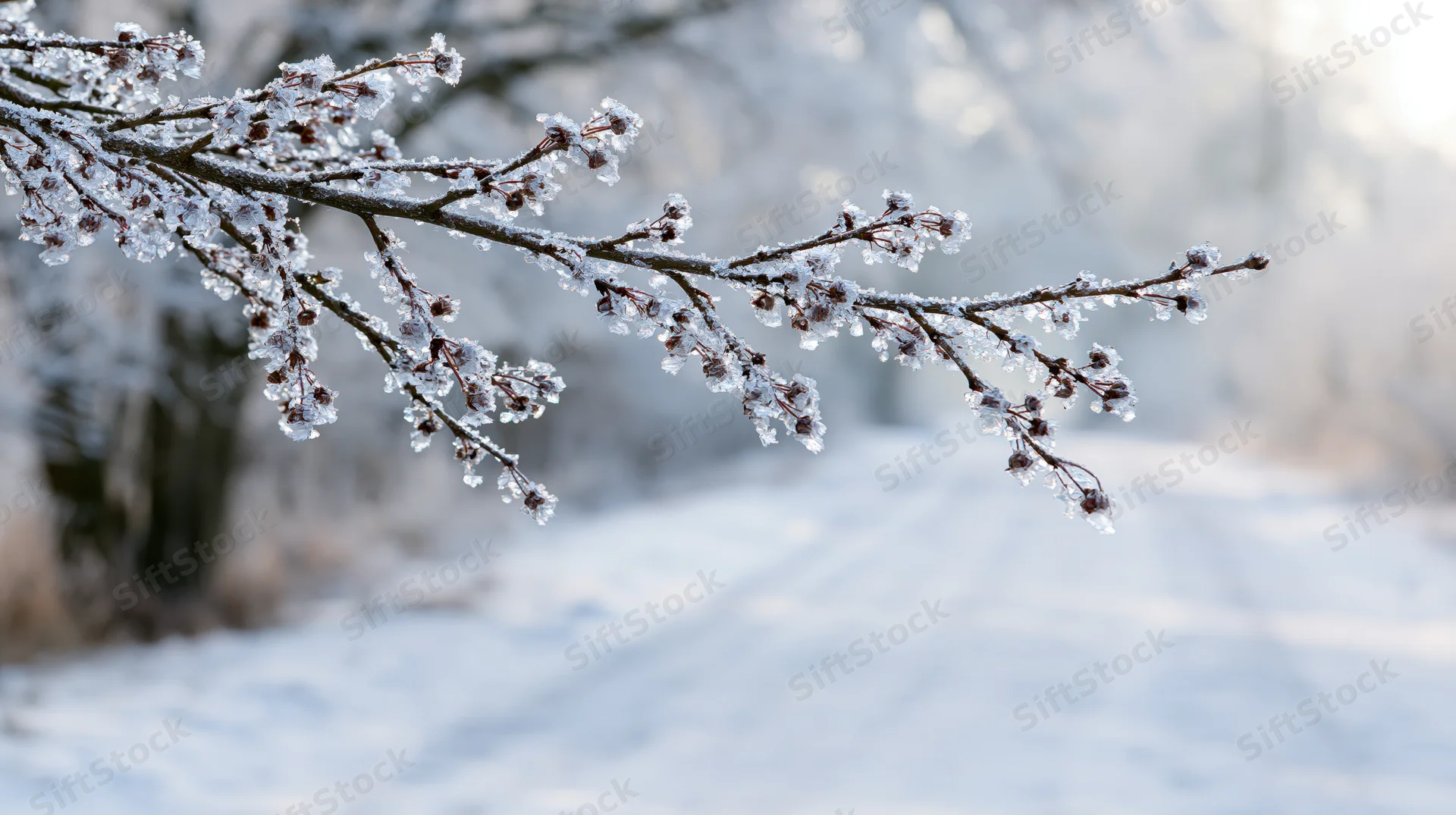 Ice-coated tree branch with frozen droplets extending over snowy ground in winter landscape