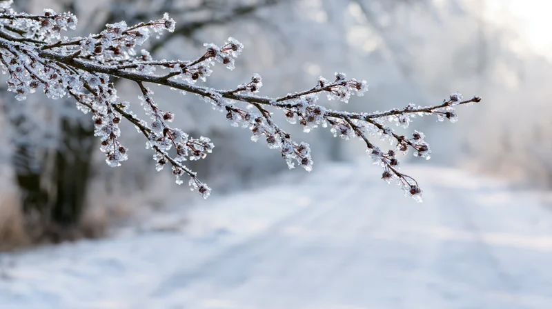 Ice-coated tree branch with frozen droplets extending over snowy ground in winter landscape