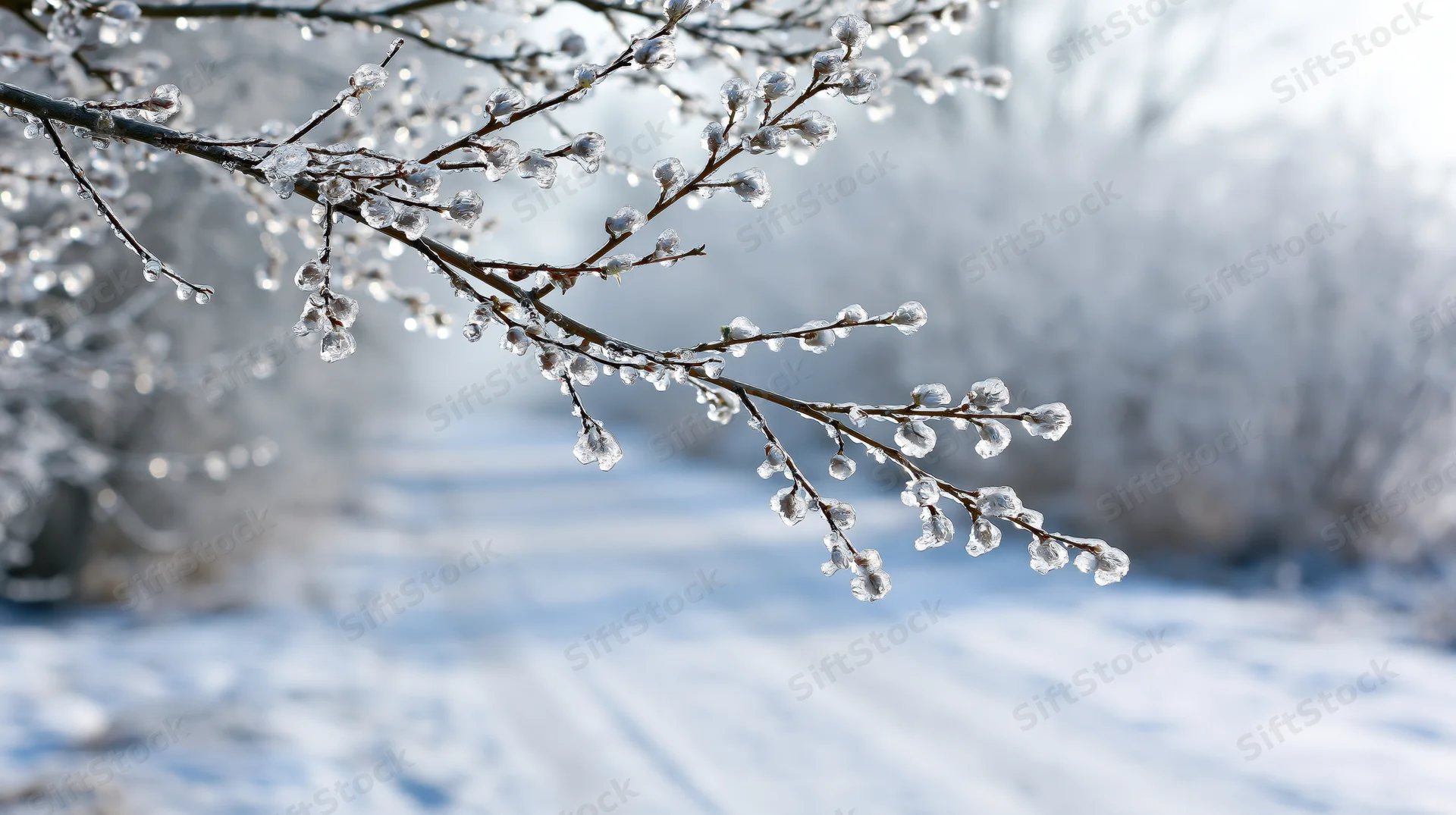 Ice-coated tree branch with frozen droplets in snowy winter landscape