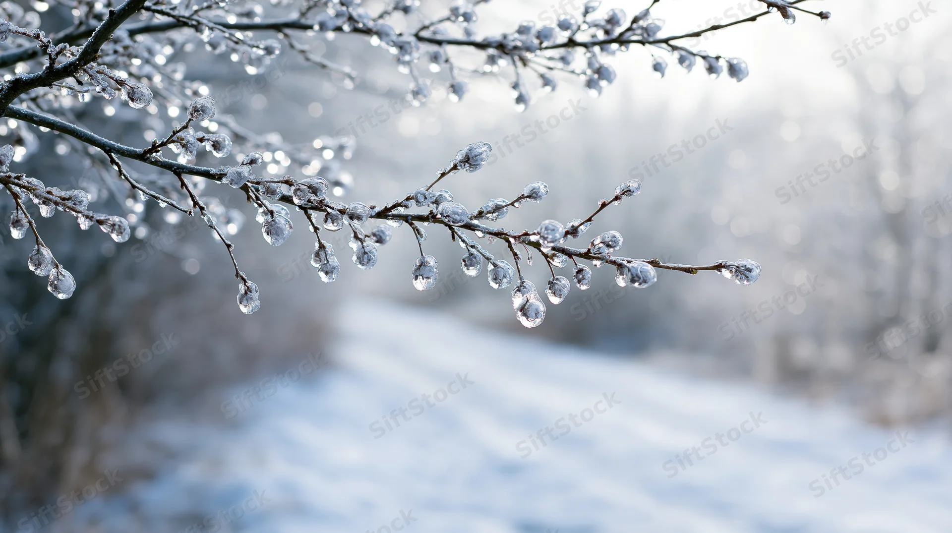 Ice-coated tree branch with frozen droplets in a snowy winter landscape