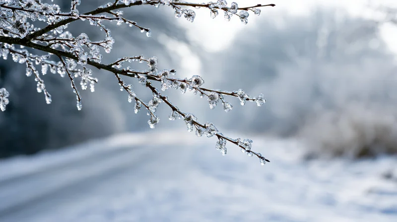 Ice-coated tree branch with frozen droplets over snowy landscape