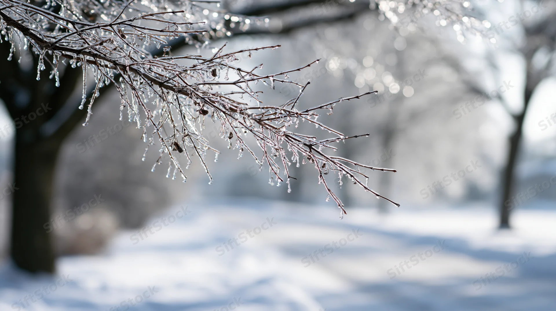 Ice-coated tree branch with frozen droplets hanging over a snowy landscape