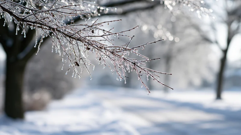 Ice-coated tree branch with frozen droplets hanging over a snowy landscape