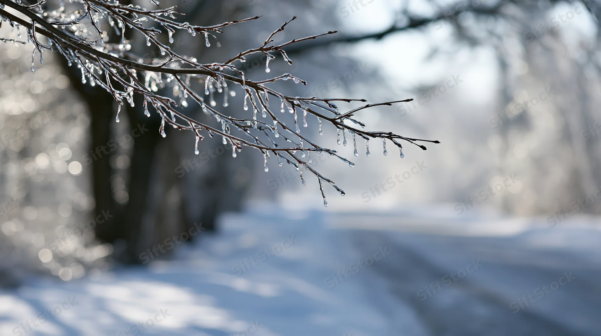 Ice-coated tree branch with frozen droplets hanging over a snowy path in a winter forest