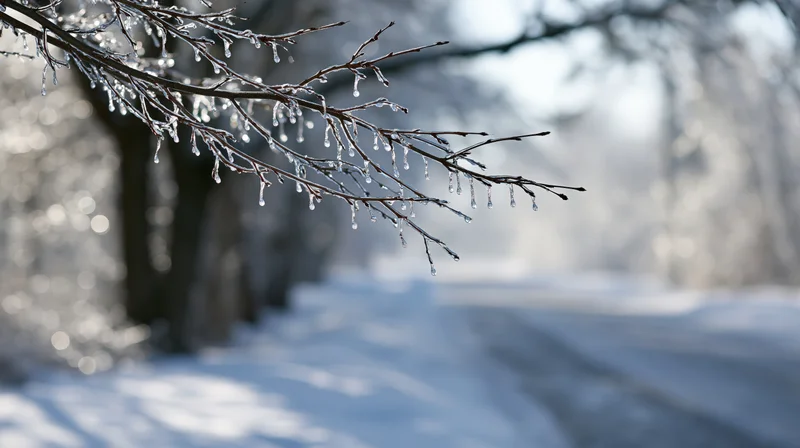 Ice-coated tree branch with frozen droplets hanging over a snowy path in a winter forest