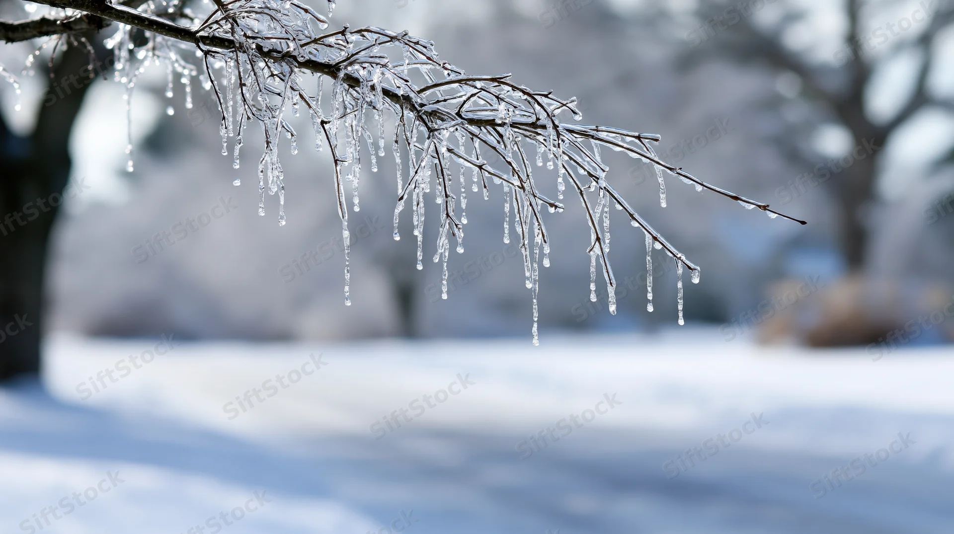 Ice-coated tree branch with hanging frozen droplets in snowy winter landscape