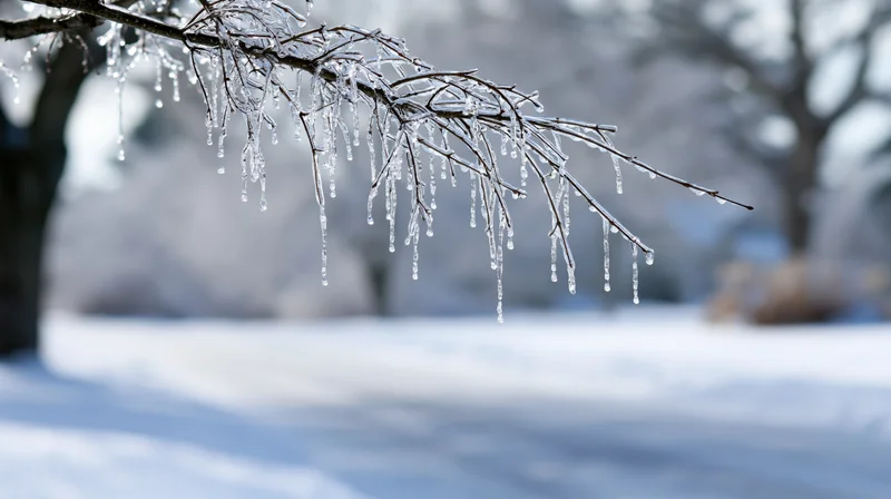 Ice-coated tree branch with hanging frozen droplets in snowy winter landscape