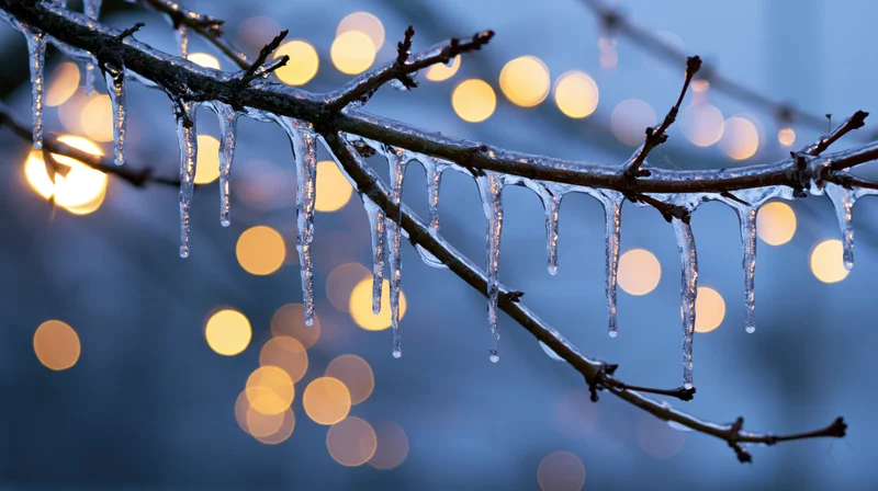 Ice-glazed tree branches with dangling icicles in close-up against blurred holiday lights