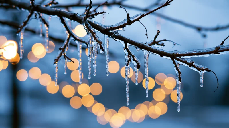 Ice-glazed tree branches with dangling icicles in close-up against blurred warm lights