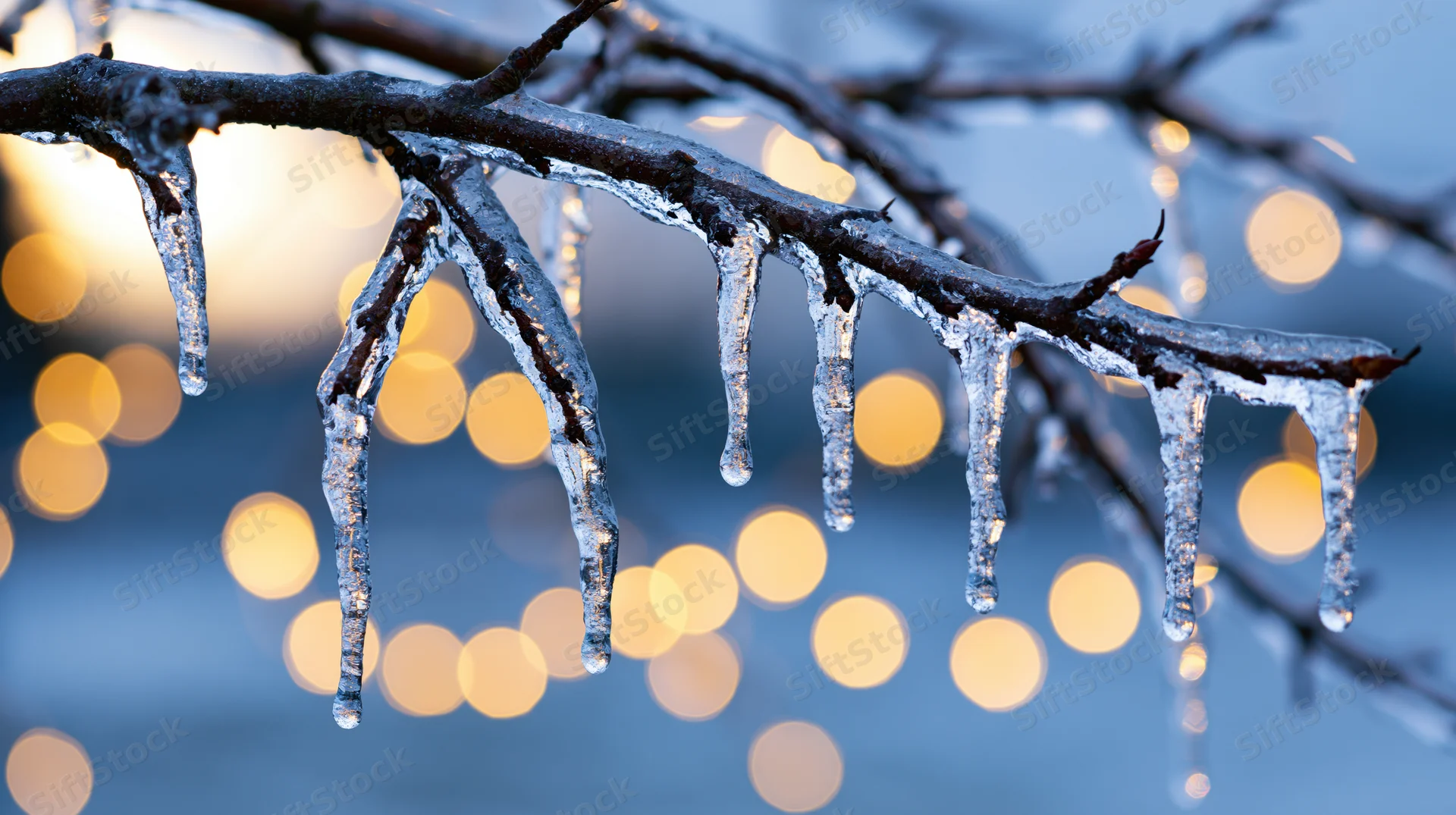 Ice-glazed tree branches with dangling icicles in close-up against blurred golden lights