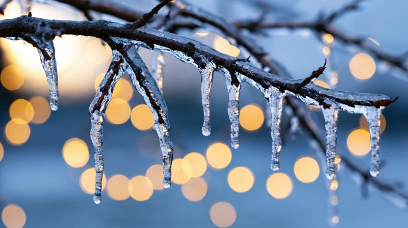 Ice-glazed tree branches with dangling icicles in close-up against blurred golden lights