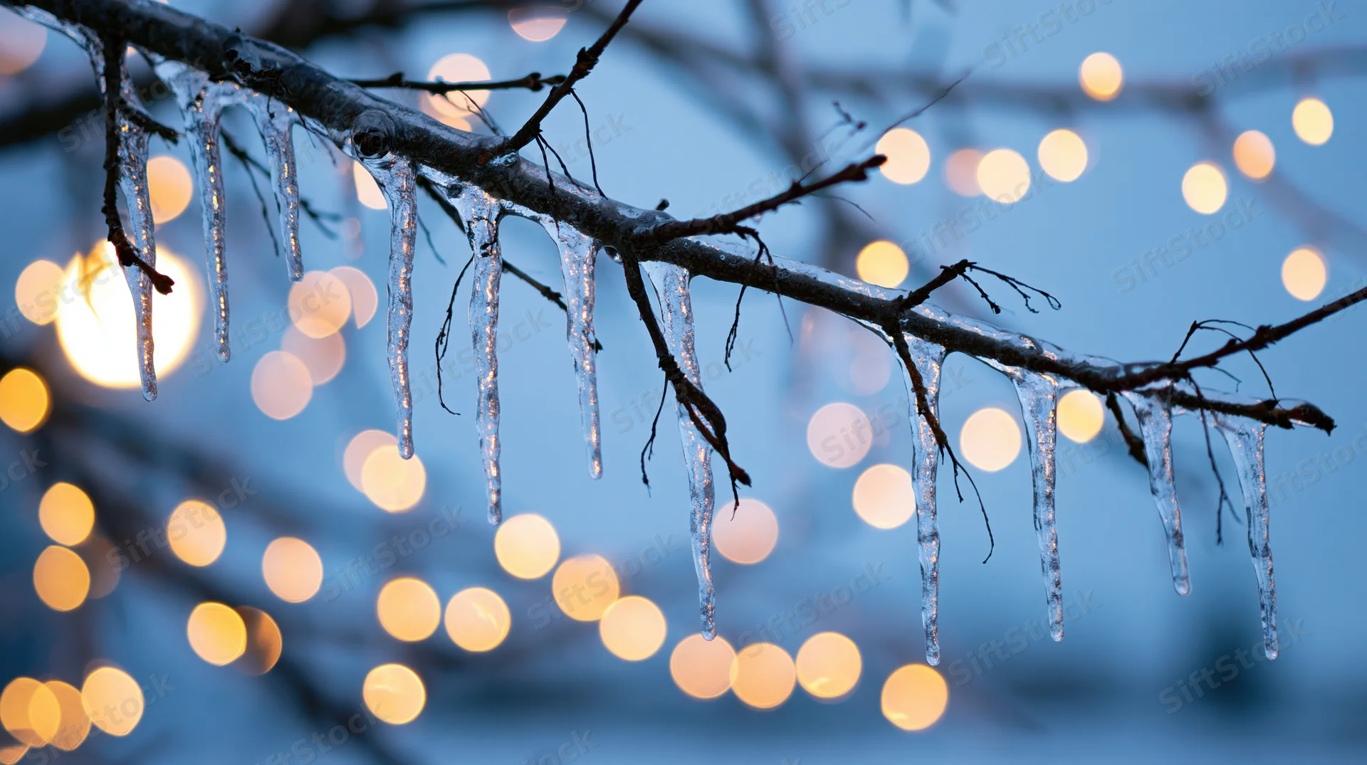 Ice-glazed tree branch with dangling icicles against blurred warm lights in twilight