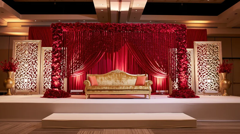 Indian wedding stage setup with empty gold velvet sofa centered under red floral arch and drapery