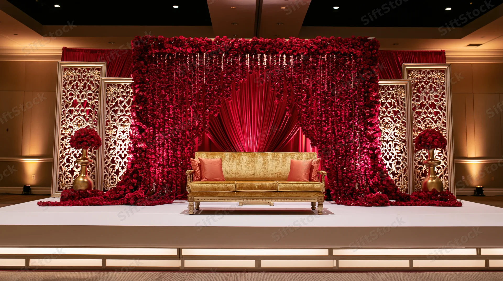 Indian wedding stage setup with empty gold velvet sofa centered on raised platform under red floral backdrop