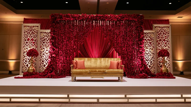 Indian wedding stage setup with empty gold velvet sofa centered on raised platform under red floral backdrop