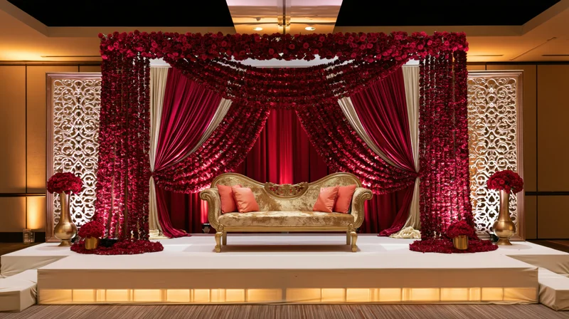 Ornate gold velvet sofa centered on a raised platform under a red rose canopy at an Indian wedding stage setup