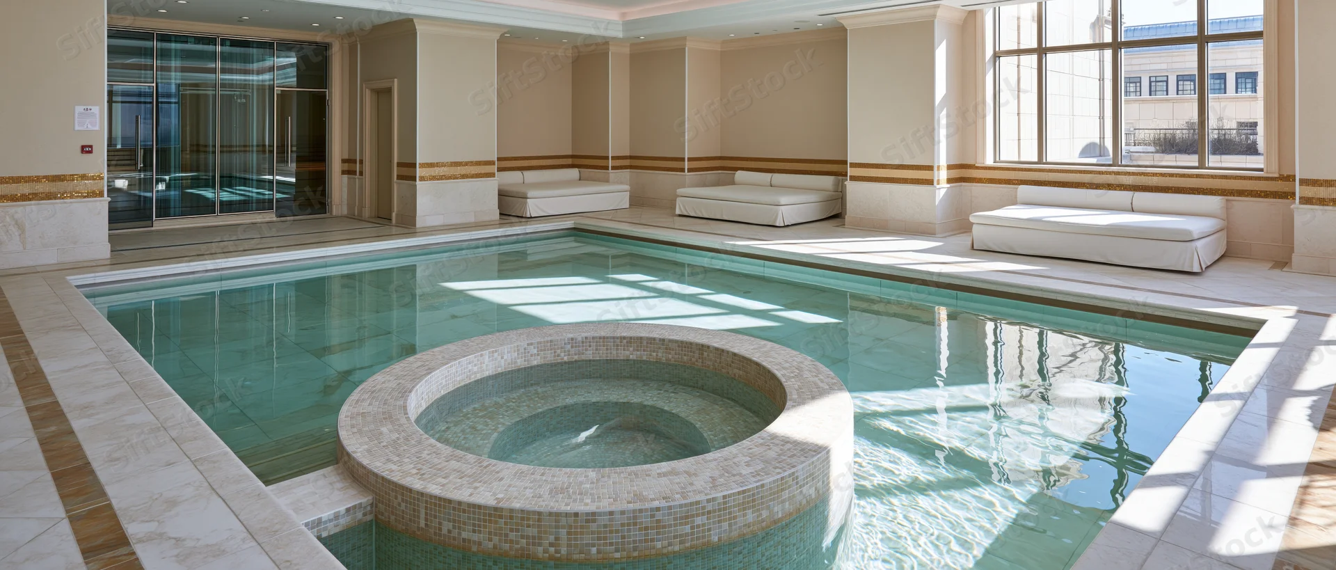 Indoor spa pool area with circular jacuzzi and tiled benches by large windows