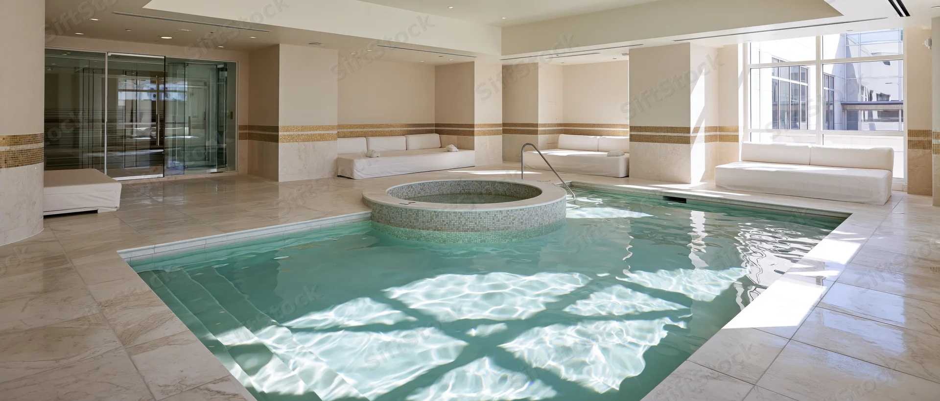Indoor spa pool with circular hot tub and white lounge benches in a modern hotel interior