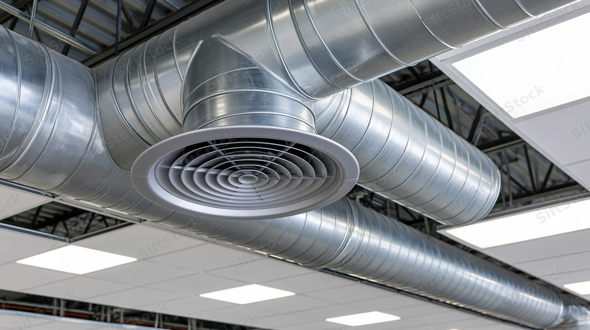 Large metallic hvac ducts with circular vent installed on industrial ceiling with fluorescent lighting and grid framework
