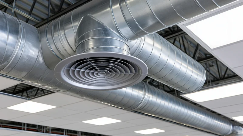 Large metallic hvac ducts with circular vent installed on industrial ceiling with fluorescent lighting and grid framework