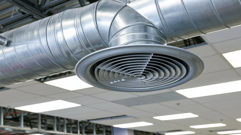 Large metallic hvac duct with spiral grille mounted on industrial ceiling under fluorescent lighting