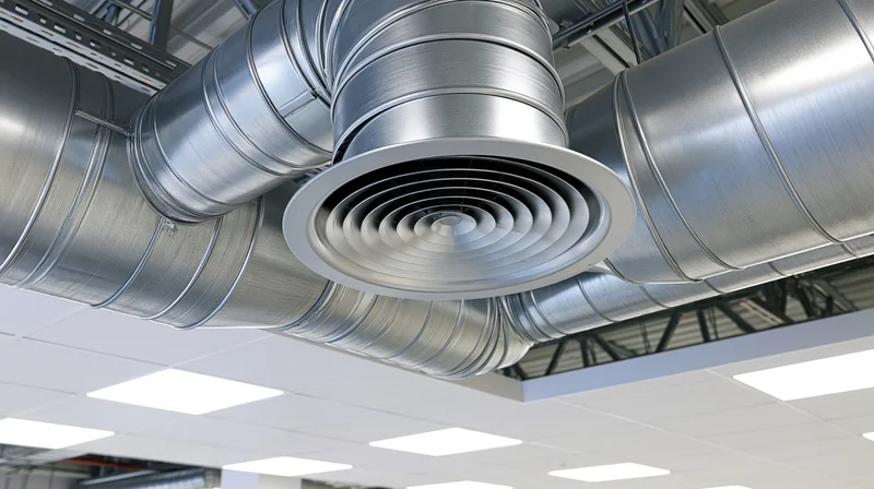 Large metal hvac ducts installed on ceiling in industrial building