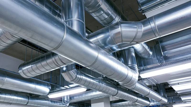 Industrial hvac ductwork and stainless steel pipes filling the ceiling of a facility