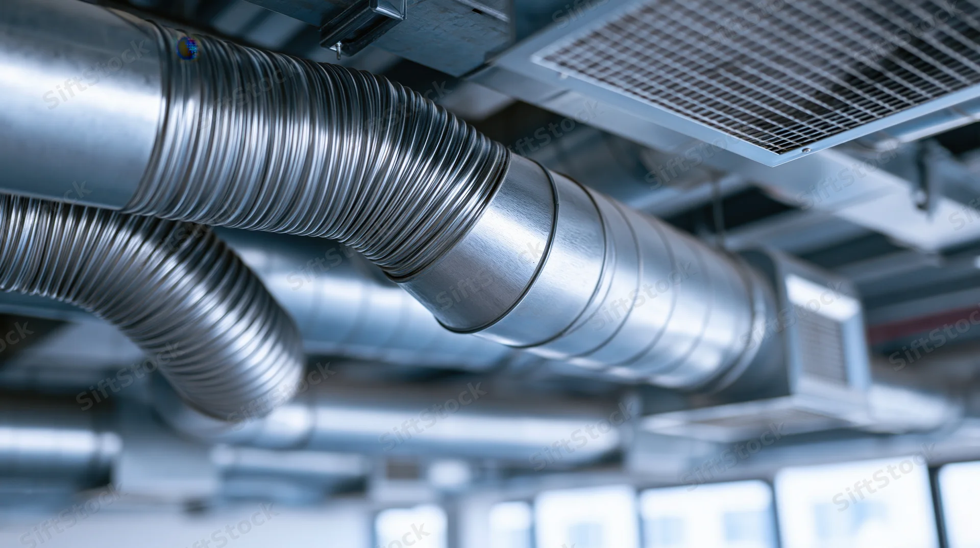 Industrial hvac ductwork and ventilation pipes running along ceiling in building interior