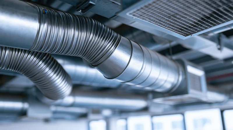Industrial hvac ductwork and ventilation pipes running along ceiling in building interior