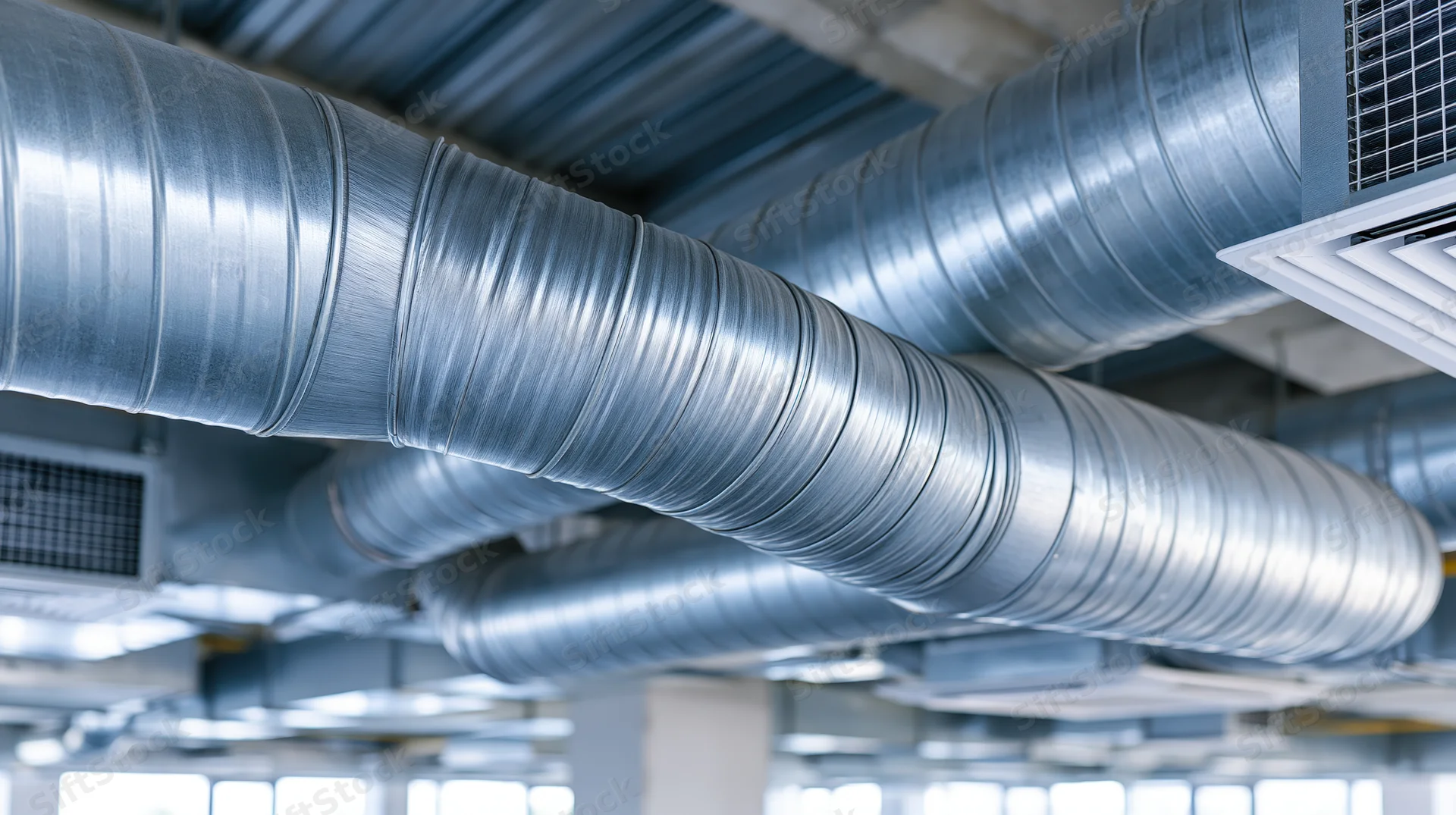 Industrial hvac ductwork running along ceiling in commercial building interior