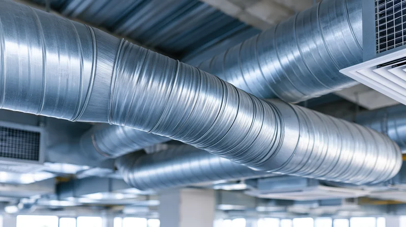 Industrial hvac ductwork running along ceiling in commercial building interior