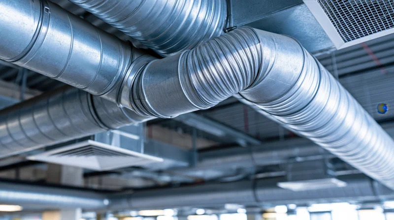 Industrial hvac ductwork and ventilation pipes running along ceiling in commercial building interior