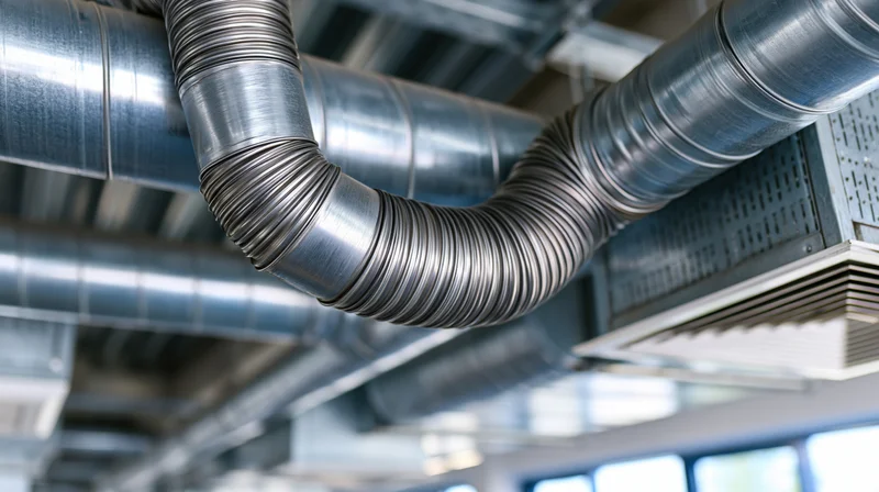 Metal hvac ductwork running along an industrial ceiling with visible airflow system components