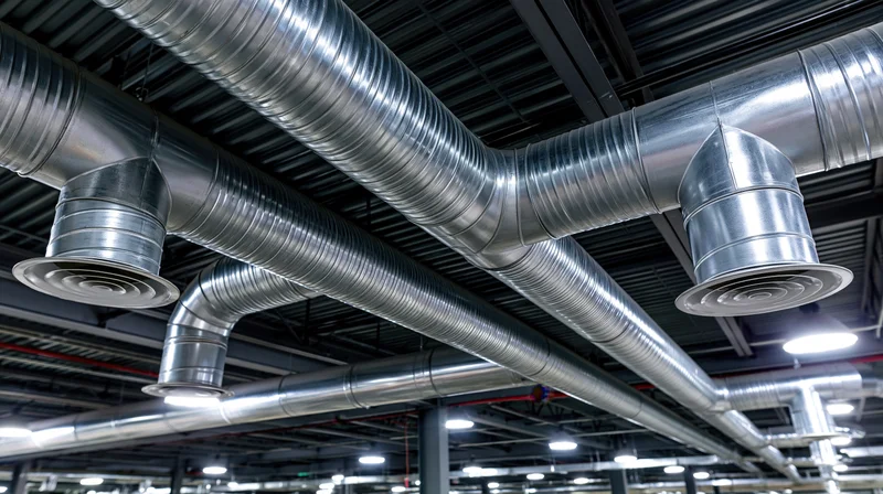 Industrial hvac ductwork running along a dark warehouse ceiling