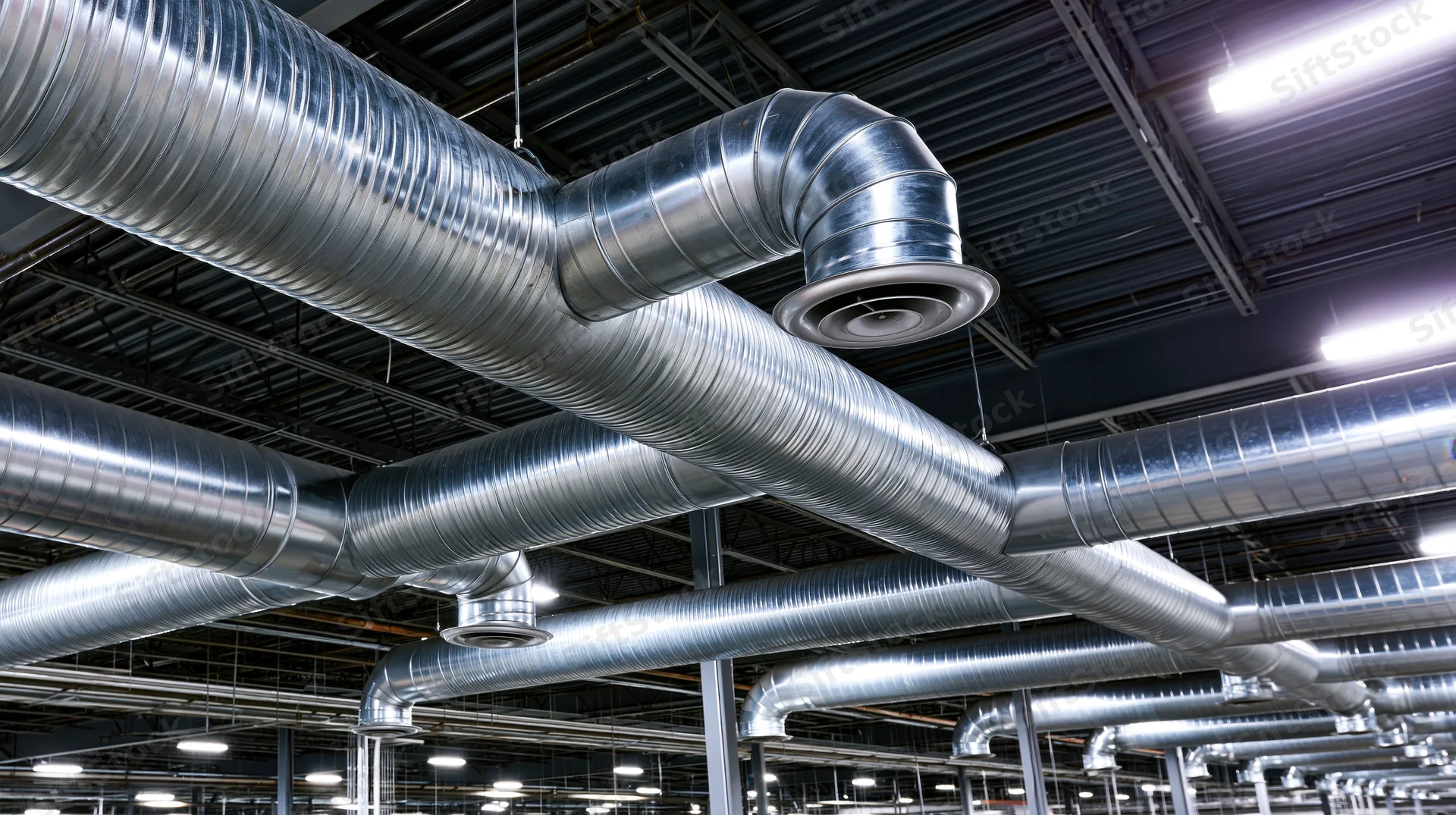 Metal hvac ductwork suspended from dark warehouse ceiling with fluorescent lighting