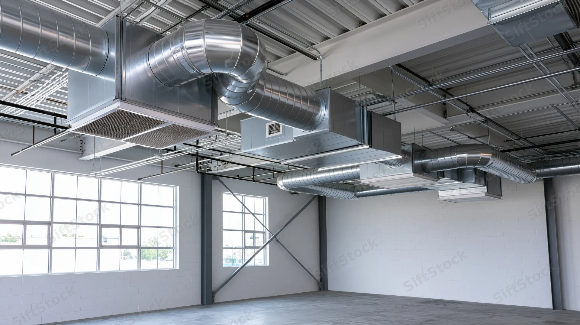 Industrial hvac ductwork system mounted on ceiling in empty warehouse interior
