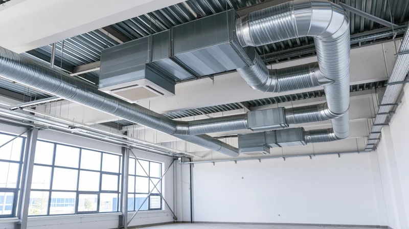 Industrial hvac ductwork system mounted on ceiling in empty warehouse space