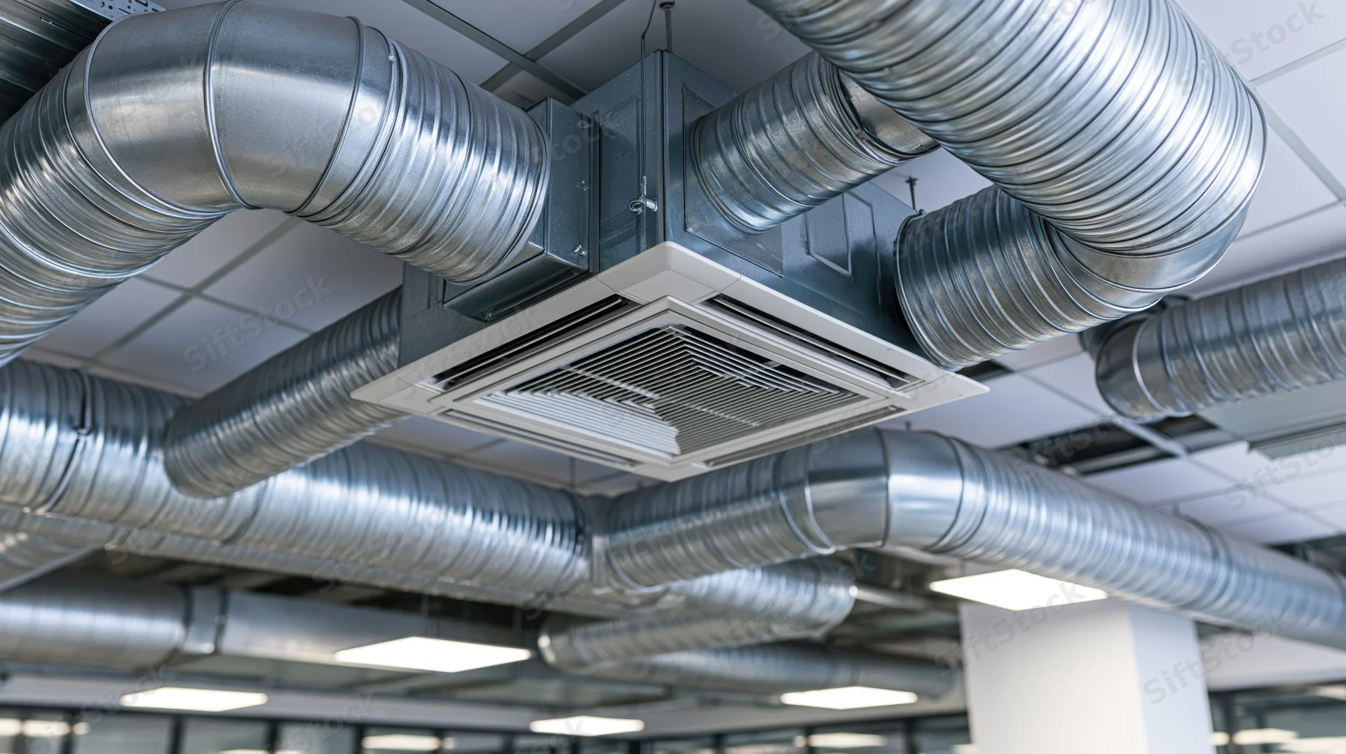 Industrial ceiling hvac system with metal ducts and cassette unit in commercial building interior
