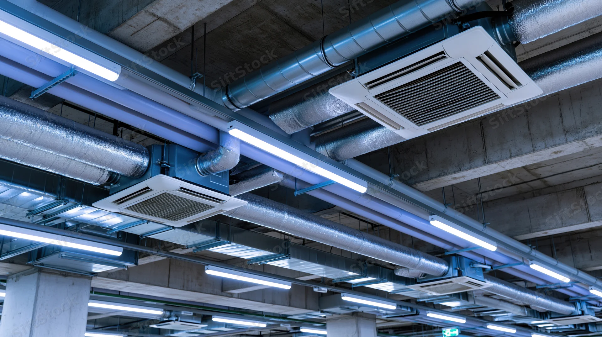 Industrial ceiling with exposed hvac ducts and fluorescent lights in a commercial building interior