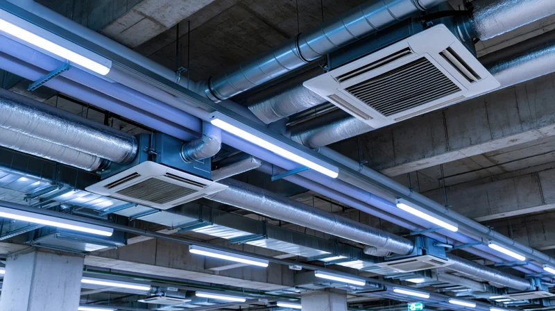 Industrial ceiling with exposed hvac ducts and fluorescent lights in a commercial building interior