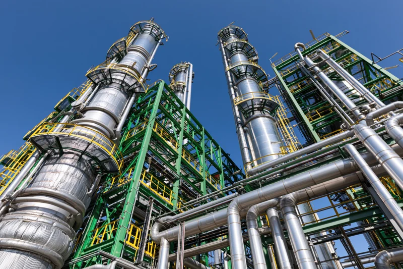 Towering distillation towers and pipelines in a chemical refinery complex under a clear blue sky