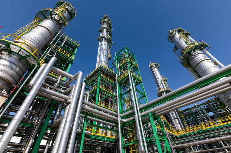 Towering distillation towers and steel pipelines in a chemical refinery complex under a clear blue sky
