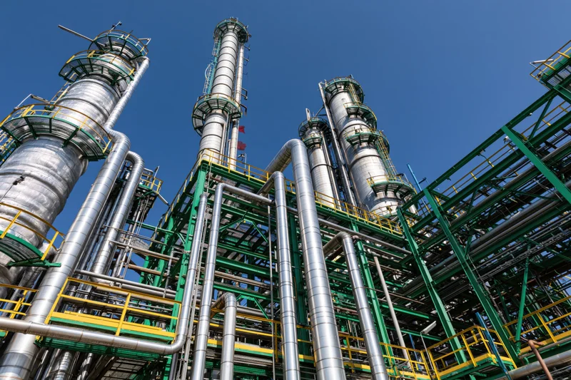 Towering distillation towers and steel pipes in a chemical refinery complex under a clear blue sky