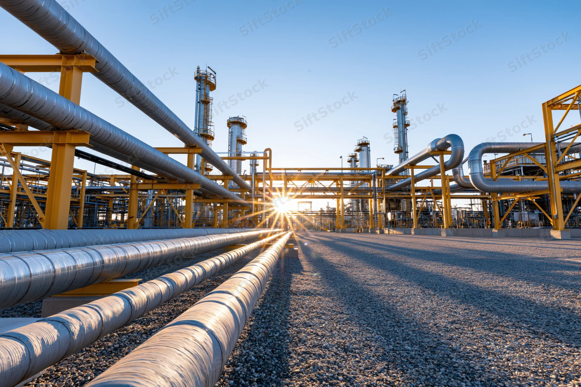 Wide exterior view of an industrial oil refinery with steel pipelines and yellow frameworks at sunrise