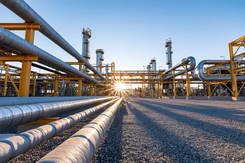 Wide exterior view of an industrial oil refinery with steel pipelines and yellow frameworks at sunrise