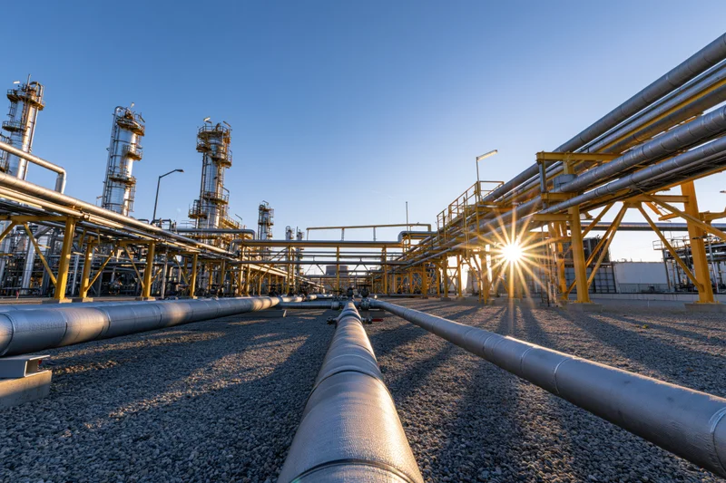 Wide view of oil refinery exterior with pipelines and towers under clear blue sky at sunrise