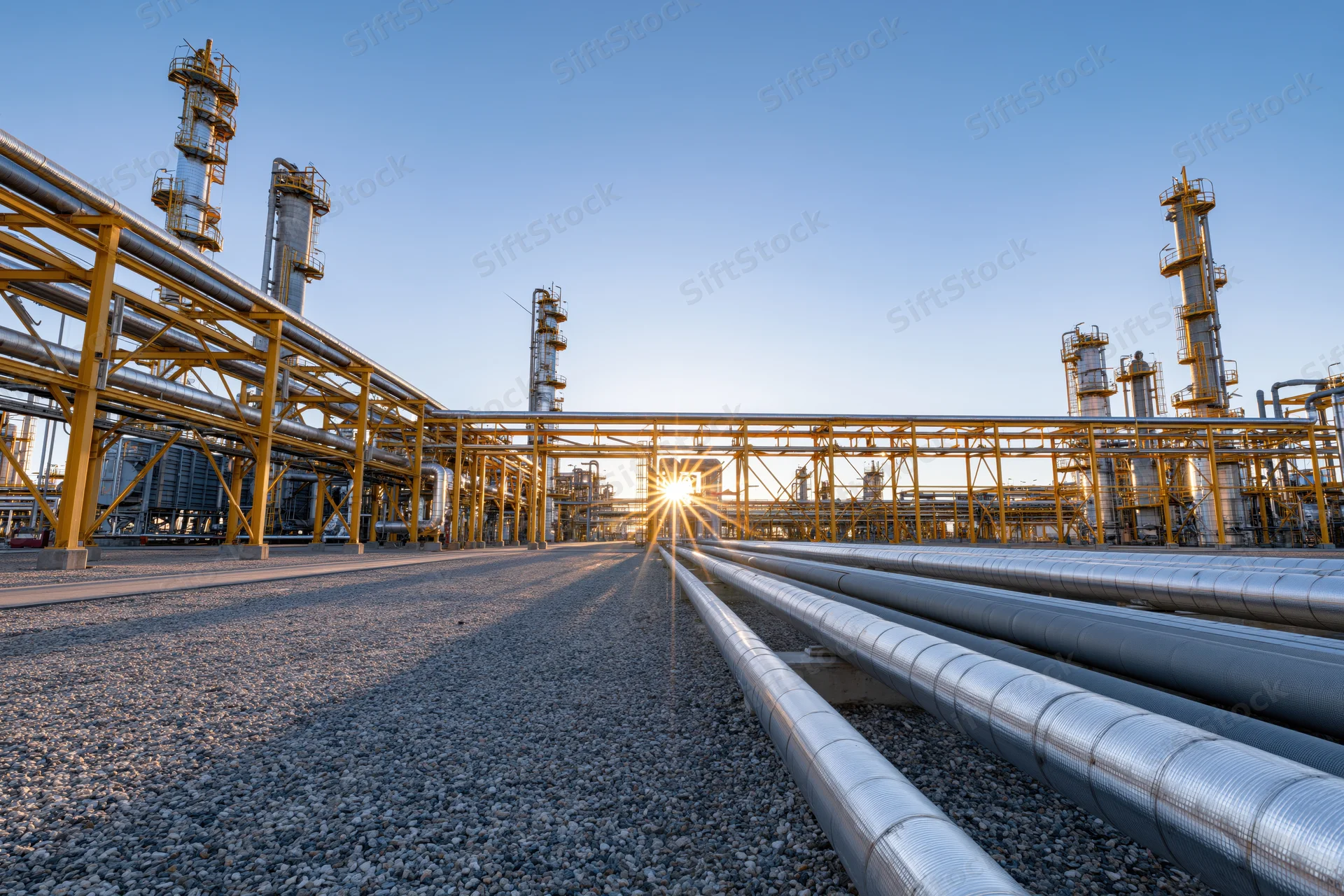 Wide view of oil refinery exterior with pipelines and towers under clear sky at sunrise